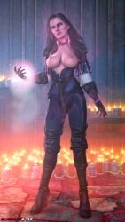 black_hair breasts clothing female light-skinned_female looking_at_viewer magic nipples purple_eyes scathachalter solo the_witcher_(series) the_witcher_3:_wild_hunt yennefer