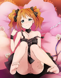 ass barefoot bed blush breasts choker dress feet female flower green_eyes highres idolmaster idolmaster_million_live! kaiga legs legs_up long_hair looking_at_viewer lying necklace no_panties orange_hair pillow pussy rose small_breasts smile solo sweat takatsuki_yayoi thighs tied_hair toes twintails uncensored