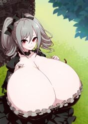 cleavage dress gigantic_breasts gothic gray_hair huge_breasts hyper_breasts nrtk_2 red_eyes smile