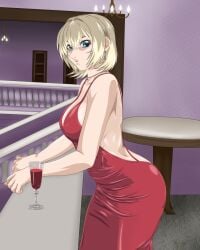 1girls 2d 2d_(artwork) areola_bulge backless_dress bible_black big_breasts blonde_female blonde_hair blonde_hair_female breasts cup curvy_figure earrings first_person_view green_eyes hips jody_crowley large_breasts looking_at_viewer necklace night party red_dress shin_bible_black short_hair teal_eyes voluptuous_female wine wine_glass witch