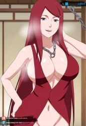 ai_generated big_ass big_breasts blue_eyes chained_collar curvy curvy_figure female hand_up juanpiamvs kushina_uzumaki long_hair naruto naruto_(series) naruto_shippuden patreon patreon_username red_hair smiling standing subscribestar subscribestar_username uzumaki_kushina watermark