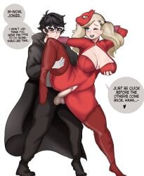 1boy 1boy1girl 1girls ann_takamaki blonde_hair english_dialogue english_text female functionally_nude huge_breasts joker_(persona) male ocerius persona persona_5 ren_amamiya standing_sex vaginal_penetration