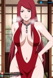 ai_generated big_ass big_breasts blue_eyes chained_collar curvy curvy_figure female juanpiamvs kushina_uzumaki long_hair looking_at_viewer naruto naruto_(series) naruto_shippuden neckline patreon patreon_username red_hair standing subscribestar subscribestar_username watermark