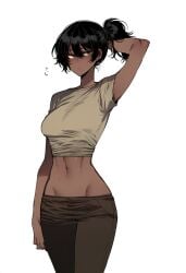 ai_generated alternate_attire alternate_outfit angeline_(hismajestyii) black_pants brown_shirt burlap_shirt crop-top dark-skinned_female dark_skin exposed_hips hips hismajestyii medium_breasts novelai pants slim slim_female slim_figure tan_shirt wide_hips