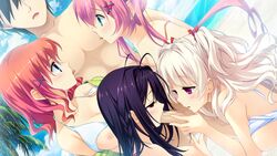 4girls areolae beach bikini black_hair blonde_hair blue_eyes blush breasts censored clouds collaborative_fellatio fellatio game_cg green_eyes hairclip harem hi_res high_resolution highres koisuru_natsu_no_last_resort large_breasts licking licking_pecs long_hair marui multiple_girls nipples ocean oral penis pink_eyes pink_hair purple_eyes purple_hair red_hair short_hair sky smile standing teamwork tied_hair tongue twintails water