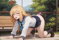 ai_generated all_fours black_socks blush bottomless cum_puddle cumming dildo dildo_in_ass futanari handsfree_ejaculation jouthechou koshi_torako my_deer_friend_nokotan open_mouth orgasm_face penis rolling_eyes school_uniform serafuku shikanoko_nokonoko_koshitantan skirt solo_futa