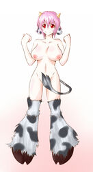 animal_ears bovine breasts cow_ears cow_girl cow_tail female holstaurus hooves horns large_breasts minotaur monster_girl nipples nude pink_hair red_eyes short_hair solo tail