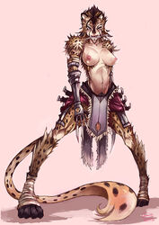 animal_ears anthro armor bandage black_eyes blood breasts cheetah claw_(weapon) feline female furry gradient gradient_background kachima knife loincloth mouth_hold navel nipples original paws solo spots standing tail topless weapon yellow_fur