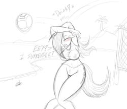 2014 anthro anthrofied arthropod beach black_and_white blush bottomless breasts cigarette clothes clothing crab crustacean cutie_mark dialog earth_pony english_text equine female horse jrvanesbroek mammal marine monochrome my_little_pony navel nipples original_character outside palm_tree pony pussy seaside shirt sketch smoke smoking solo spycrab text tree volleyball volleyball_net water wet_shirt wishy_washy_(jrvanesbroek)