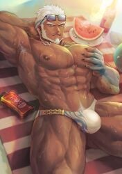 1boy aegir_(tokyo_afterschool_summoners) anchor armpit_hair armpits arms_behind_head arms_up bara beach beach_towel beard beefy biceps big_areola big_breasts blue_eyes blue_hair blue_scales bottle bulge bulge_through_clothing chains clawed_fingers claws daddy dark_skin dilf earrings frown hand_on_breast hi_res hunk inviting looking_at_viewer lying lying_on_back male male_breasts male_only manly mature_male multicolored_hair muscles muscular muscular_arms muscular_legs muscular_male muscular_thighs mustache_stubble open_legs open_mouth oppai outdoors pubic_hair quadriceps scaled_forearms scales seductive short_hair sideburns six_pack solo sunlight sunscreen sweat sweatdrop sweating sweaty swimsuit syu_003 thick_arms thick_eyebrows thick_thighs thong tokyo_afterschool_summoners topless tough_guy underwear_only v-shaped_eyebrows watermelon wet wet_body white_hair