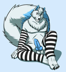 2014 blue_fur canine fox fur kanki_dasai knot male male_only mammal pose precum raus stockings white_fur