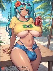 1futa ai_generated aqua_eyes aqua_hair beach brazilian_miku breasts bulge denim_shorts earrings futanari hair_ornament huge_breasts momodart ocean open_shorts palm_tree penis sand short_shorts soda_can stable_diffusion sunglasses sunglasses_on_head tagme tanline testicles twintails underboob vocaloid