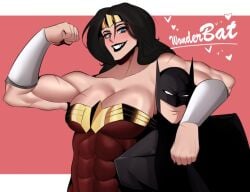 1boy 1girl arm_around_neck batman batman_(series) big_breasts black_hair bruce_wayne couple dc_comics diana_prince female jso male muscular_female superhero superhero_costume superheroine taller_girl wonder_woman wonder_woman_(series)