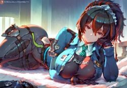 ai_generated bedroom big_breasts blue_jacket cutesexyrobutts_(style) female female_focus female_only gloves hair_ornament holster large_breasts laying_down laying_on_bed laying_on_side looking_at_viewer multicolored_hair nipple_bulge nipples_visible_through_clothing orange_hair police police_uniform policewoman ponytail skintight smiling_at_viewer streaked_hair thicc_thighs thick_ass thick_thighs tie white_shirt wide_hips zenless_zone_zero zhu_yuan