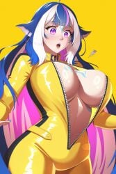 1girls blue_hair bodysuit breasts eyebrows_visible_through_hair female female_only huge_breasts light-skinned_female light_skin open_mouth orca_girl pink_eyes shylily shylily_(kill_lil) simple_background solo surprised toomy_woomy two_tone_hair unzipped unzipped_bodysuit wardrobe_malfunction white_hair yellow_background yellow_bodysuit zipper_malfunction