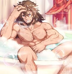 1boy abs arm_hair armpit_hair armpits arms_up bara bath bathing bathroom bathtub beard beefy biceps big_areola blue_eyes brown_hair bubble bubble_bath cape chest_hair completely_nude convenient_censoring cowboy_hat curtains daddy dilf dragalia_lost grin hairy hand_on_head hand_on_stomach hat hi_res hunk joe_(dragalia_lost) leg_hair long_hair looking_away male male_only manly mature_male muscles muscular muscular_arms muscular_legs muscular_male muscular_thighs pecs pole poncho red_clothing seductive sitting six_pack solo spread_legs steam thick_arms tough_guy v-shaped_eyebrows veiny_arms veiny_muscles wet wet_body yaekaidou