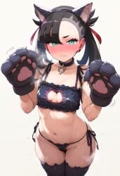 black_hair blue_eyes blush breasts cat_ears cat_gloves cat_lingerie cat_tail catgirl embarrassed female hips human lingerie looking_at_viewer marnie_(pokemon) midriff paws petite pokemon small_breasts twintails