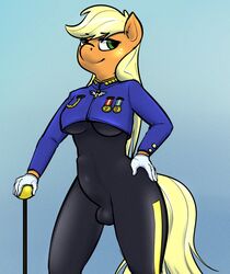 2014 anthro anthrofied applejack_(mlp) blonde_hair blue_background breasts bulge cameltail clopper-dude clothing equine freckles friendship_is_magic fur futanari gloves green_eyes hair herm horse intersex long_hair mammal my_little_pony orange_fur penis plain_background pony smooth_skin solo