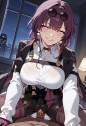 ai_generated cowgirl_position dark-skinned_male honkai:_star_rail kafka_(honkai:_star_rail) looking_at_viewer night purple_eyes purple_hair sex smile