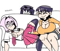 1boy aged_up bulge_grab bulge_through_clothing female komi-san_wa_komyushou_desu komi_shouko komi_shuuko looking_back male meme_reference milf osana_najimi sofa touching_penis vi_wesker white_background