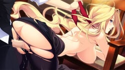 ass blonde_hair breasts censored chair clothed_sex doggy_style female from_behind game_cg hanging_breasts highres kariu_nagisa koisuru_natsu_no_last_resort large_breasts long_hair looking_back marui_(koedame) necktie necktie_grab pantyhose purple_eyes pussy_juice sex skirt skirt_lift solo_focus torn_clothes torn_pantyhose