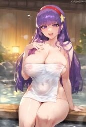 1girls areola_slip ass_out athena_asamiya barely_clothed big_breasts breasts busty curvy curvy_female cute female hair_ornament headband hot_spring king_of_fighters light-skinned_female light_skin long_hair looking_at_viewer nipples_visible_through_clothing open_mouth pale-skinned_female pale_skin purple_eyes purple_hair sauna seductive seductive_look soft_breasts star tharkica thick thick_thighs thighs tied_hair towel voluptuous voluptuous_female water wet wet_clothes wet_clothing wide_hips