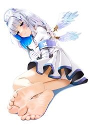 amane_kanata bare_legs barefoot blush casino_(casinoep) feet foot foot_fetish foot_focus gloves holoforce hololive hololive_japan looking_at_viewer nurse nurse_cap nurse_uniform panties pov_feet purple_eyes silver_hair smiling smiling_at_viewer soles toes virtual_youtuber wings