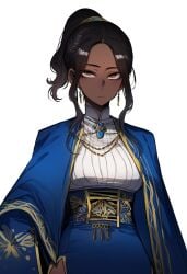 ai_generated alternate_attire alternate_outfit angeline_(hismajestyii) black_hair blue_dress brown_eyes dark-skinned_female dark_skin exposed_thigh gold_jewelry hismajestyii jewelry medium_breasts novelai ponytail slim slim_female slim_figure thigh_exposed thighs wide_hips