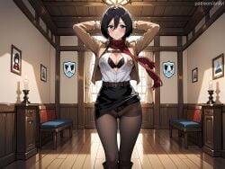 1girls ai_generated anilvl arms_behind_head arms_up ass_visible_through_thighs attack_on_titan bangs belt black_bra black_eyes black_hair black_panties black_pantyhose black_skirt blush boots bra breasts brown_jacket brown_pantyhose buckle cameltoe candle candlestand chair cleavage closed_mouth clothes_lift cropped_jacket crotch_seam curtains emblem feet_out_of_frame hair_between_eyes indoors jacket knee_boots large_breasts long_sleeves looking_at_viewer medium_breasts mikasa_ackerman miniskirt open_clothes open_jacket open_shirt panties panties_under_pantyhose pantyhose paradis_military_uniform parted_lips partially_unbuttoned pencil_skirt red_scarf scarf shirt shirt_tucked_in short_hair skirt skirt_lift solo standing survey_corps_(emblem) table thigh_gap thighband_pantyhose training_corps_(emblem) unbuttoned underwear white_shirt window wooden_floor