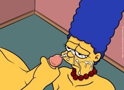 1boy 1girls 20th_century_fox 20th_century_studios anonymous_male blue_hair cum cum_on_face cumshot duo ejaculation faceless_male female hand_on_penis human indoors lockandlewd male marge_simpson milf necklace nude nude_female nude_male on_knees penis red_necklace sad_face standing straight the_simpsons unseen_male_face yellow_skin