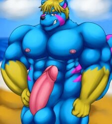 auroeidolon beach beach_nudity big_balls blue_and_yellow_fur blue_balls blue_yellow_and_pink_fur furry hyper_penis muscles muscular naked pink_penis public_nudity skunk thevillager thevillager_(artist)