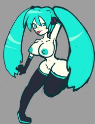 1girls armpits belly_button big_breasts blue_nipples cyan_eyes cyan_hair female gloves grey_background hairyballs3000 hatsune_miku light_blue_eyes light_blue_hair naked nude nude_female pussy sega solo thighhigh_boots tongue_out twintails vocaloid