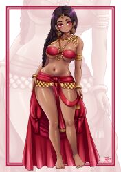 ancient_history braided_ponytail curvaceous dark-skinned_female harem_outfit history hourglass_figure huge_breasts indian indian_female midriff nature_spirit red_eyes sevie tagme voluptuous_female wide_hips yakshi_figure_sculpture