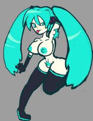 1girls armpit_hair armpits belly_button big_breasts blue_nipples cyan_eyes cyan_hair female gloves grey_background hairyballs3000 hatsune_miku light_blue_eyes light_blue_hair naked nude nude_female pubic_hair pussy sega solo thighhigh_boots tongue_out twintails vocaloid