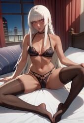 1girls ai_generated bed bra breasts brigitta_lycaon dark-skinned_female dark_skin facial_mark femboss hair_between_eyes large_ass lingerie long_hair medium_breasts metaphor:_refantazio night open_legs panties sitting sitting_on_bed skinny stockings thighhighs thighs white_hair