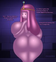 absurd_res adventure_time annoyed ass big_breasts big_butt breasts bubble_butt candy candy_people_(at) cartoon_network circlet crown curvy_figure dessert dialogue digital_drawing_(artwork) digital_media_(artwork) english_text eyelashes female food food_creature food_humanoid frown frown_eyebrows frowning_at_viewer gooning hair headgear hi_res hourglass_figure huge_breasts huge_butt humanoid living_candy living_gum long_hair nirriti nude nude_female open_mouth pink_body pink_hair pink_skin princess_bubblegum profanity rear_view shaded solo talking_to_viewer text voluptuous voluptuous_female voluptuous_humanoid wide_hips