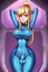 armpits arms_up blonde_hair condom_suit futanari latex light-skinned_female light-skinned_futanari light_skin metroid samus_aran skin_tight tagme tight_clothing zero_suit zero_suit_samus