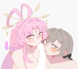 2girls blowjob brown_hair censored censored_penis fu_xuan_(honkai:_star_rail) heterochromia honkai:_star_rail licking_penis looking_at_viewer nude pink_eyes pink_hair pov qingque_(honkai:_star_rail) unfamousradish