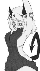 armpit artist_logo demon_horns demon_tail female heart-shaped_pupils hearts_around_head helltaker modeus_(helltaker) monochrome self_upload sleeveless turtleneck white_hair