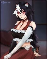 animal_ears artist_name bangs bare_shoulders black_choker black_hair breasts cat_ears character_doll choker cleavage elbow_gloves female frills gloves hair_between_eyes hair_ornament indoors large_breasts long_hair looking_at_viewer midriff momotexx_(vtuber) multicolored_hair parted_lips pillow red_eyes red_hair short_hair streaked_hair vyugen white_gloves white_hair