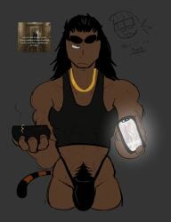 beauty_mark black_hair clothed clothing gato_muerto_(xawenoff) hairy long_hair male male_only muscular muscular_male nipple_piercing scar shoulder_length_hair thong tiger_tail veins