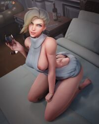 1girls 3d bed big_ass big_breasts blonde_hair condom dat_ass hasfeldt hi_res mercy overwatch smile smiling virgin_killer_sweater