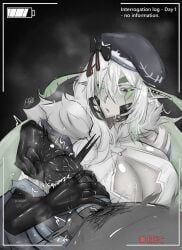 1boy 1girls cleavage cock_ring green_eyes greyscale handjob indie_virtual_youtuber interrogation juniper_(egocider) juniper_actias large_breasts monochrome multi_arm ophimon outercourse pointy_ears unseen_male_face virtual_youtuber white_hair