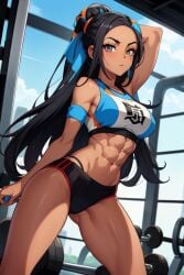 1girls abs ai_generated bare_arms bare_legs bare_shoulders bare_thighs big_breasts black_hair blue_eyes blush clothed clothing color dark-skinned_female dark_skin female female_focus female_only fit_female game_freak gigiti gym_leader hi_res large_breasts long_hair looking_at_viewer muscles muscular muscular_female nessa_(pokemon) nintendo pokemon pokemon_ss pokemon_trainer solo solo_female tagme thick_thighs