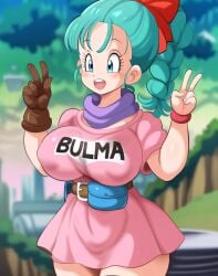 ai_generated angry big_breasts blue_hair bulma_briefs covered_nipples dragon_ball huge_breasts mullon novelai scene_reference solo tank_top thick_thighs top_heavy