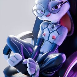 1:1 3_toes 3d 4_fingers anthro armwear bedroom_eyes breasts chair chest_harness clothing collar digital_media_(artwork) disney eyewear feet female fingers furniture glasses harness hi_res humanoid judy_hopps lagomorph latex latex_armwear latex_clothing latex_collar latex_legwear latex_stockings legwear leporid mammal narrowed_eyes nipple_piercing nipples office_chair on_chair piercing pochemu purple_eyes rabbit round_glasses seductive sitting sitting_on_chair small_breasts solo stockings toes zootopia