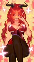 bunnysuit horns miragemybae oc red_eyes red_hair smile thick_thighs world_of_warcraft