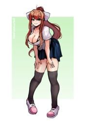 1female 1girls black_bra blue_skirt bra breasts butterflan01 cleavage commission commission_art doki_doki_literature_club green_eyes long_hair monika_(doki_doki_literature_club) skirt