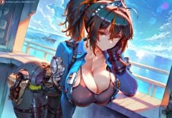 ai_generated ass bending_forward big_ass big_breasts blue_jacket breasts cleavage cutesexyrobutts_(style) deep_cleavage female female female_only holster horizon large_breasts looking_at_viewer multicolored_hair orange_eyes police police_uniform policewoman showing_breasts skintight sky smiling solo solo_female solo_focus sports_bra streaked_hair undressing wide_hips zhu_yuan