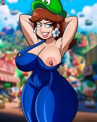 1girls arms_behind_head big_breasts blue_overalls breasts brown_hair clothing ear_piercing female female_only flower_earrings green_hat grin hourglass_figure human lewdtoons luigi_(cosplay) mario_(series) nintendo nnipple overalls princess_daisy smug smug_grin solo solo_female voluptuous voluptuous_female wide_hips